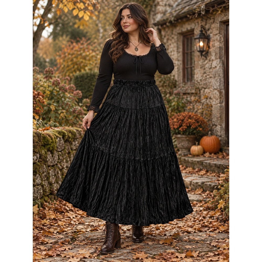 Vintage Jazz Sport Black Crushed Velvet Tiered Maxi Skirt L Witchy Boho